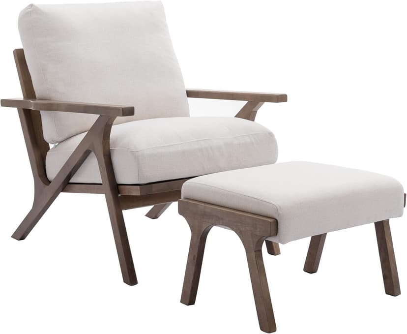 chairus Mid-Century Modern White Linen Accent Chair with Ottoman, Comfy Upholstered Lounge Armchair with Removable Cushions & Solid Wood Frame, Fabric Reading Chair for Living Room Bedroom Office