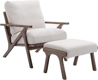 chairus Mid-Century Modern White Linen Accent Chair with Ottoman, Comfy Upholstered Lounge Armchair with Removable Cushions & Solid Wood Frame, Fabric Reading Chair for Living Room Bedroom Office