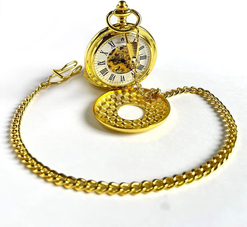 VIGOROSO Vintage Hand Wind Up Pocket Watches for Men, Mechanical Pocket Watch with Chain, Mens Skeleton Pocketwatch