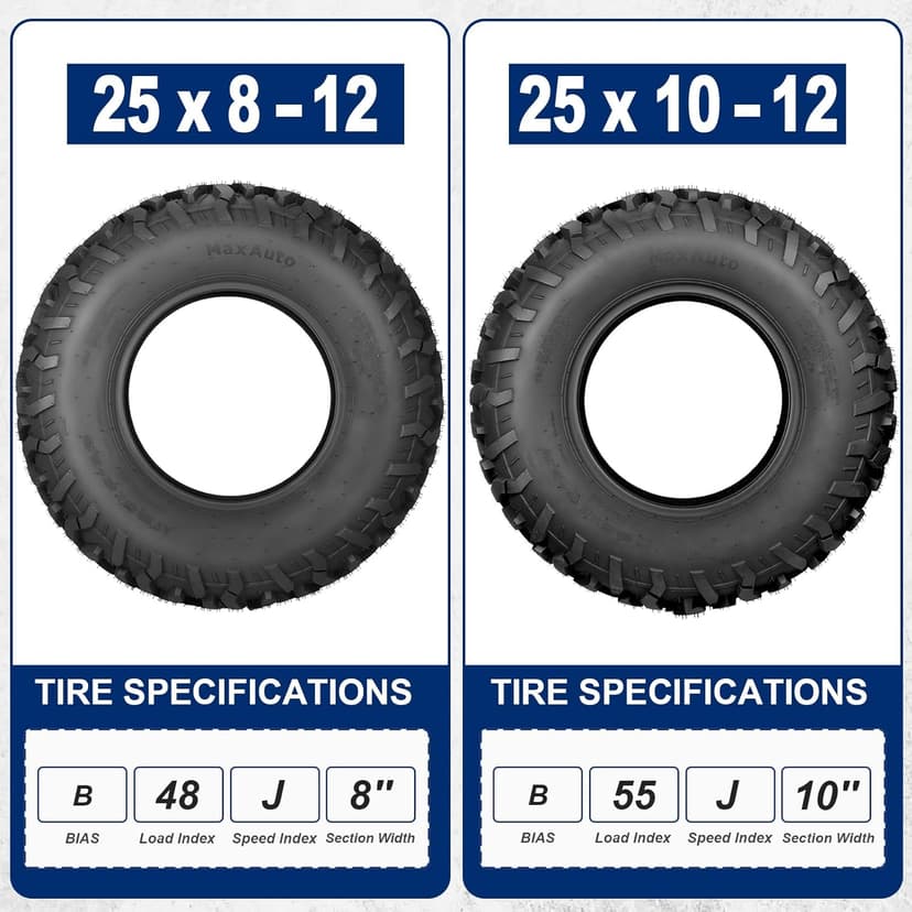 MaxAuto Set of 4 UTV ATV Tires 25x8-12 Front & 25X10-12 Rear Tire, 6PR Tubeless, Four Wheeler Tires All Terrain Tire 25x8x12 Sport Mud-tires 25x10x12 Off Road tire, 4 Pack in 2 Packages