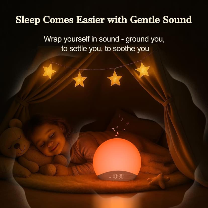 REACHER Wood Grain Sunrise Alarm Clock and Sound Machine Nightlight, Digital Dimmable Clock for Bedroom, 26 Sleep Sounds, White Noise Machine for Baby, Adults, Wake Up Light Alarm Clock for Kids