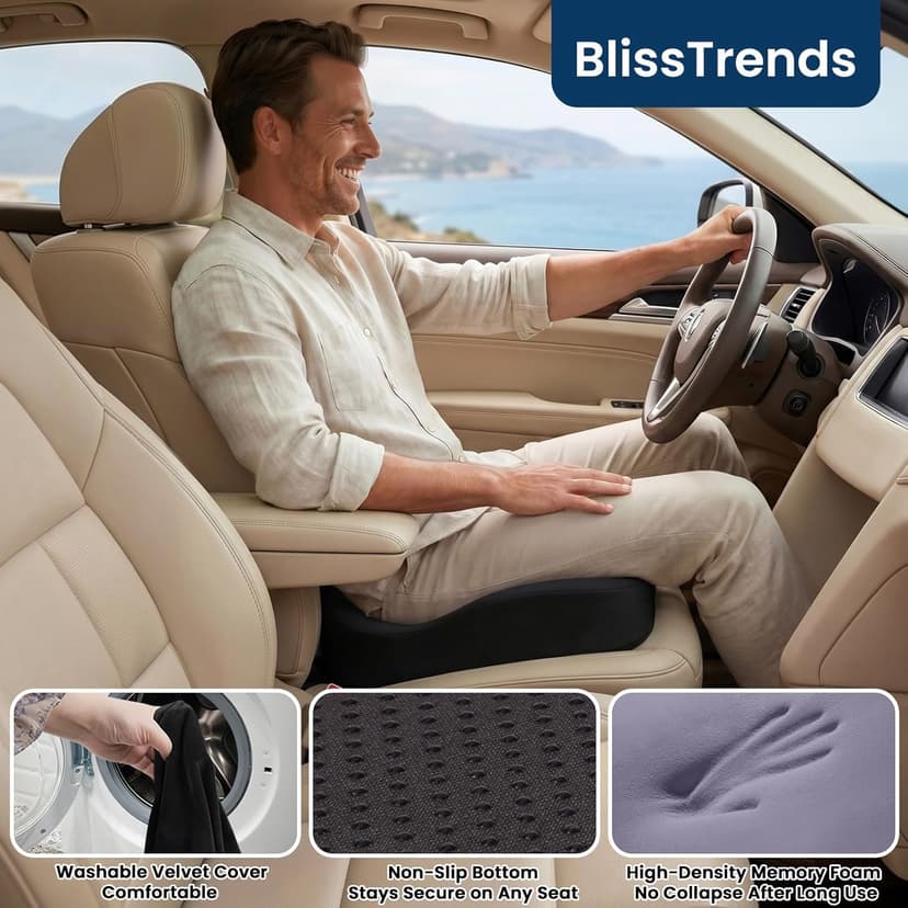 BlissTrends Seat Cushion with Velvet Cover, Thick Memory Foam Cushions for Office Chair, Car Seat, Airplane, Relieving Pressure Tailbone Sciatica Back Pain for Long Sitting, Car Drivers 4.7in Black