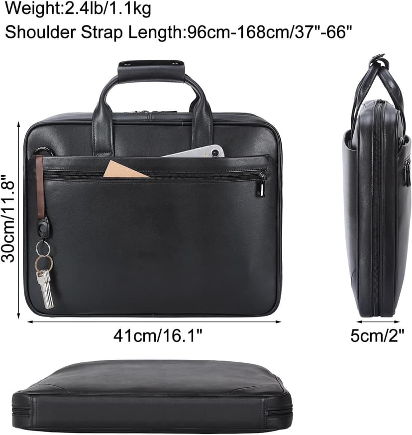 Masa Kawa Leather Slim Briefcase for Men 16” Laptop Shoulder Messenger Computer Bag Business Travel Work Attache Case