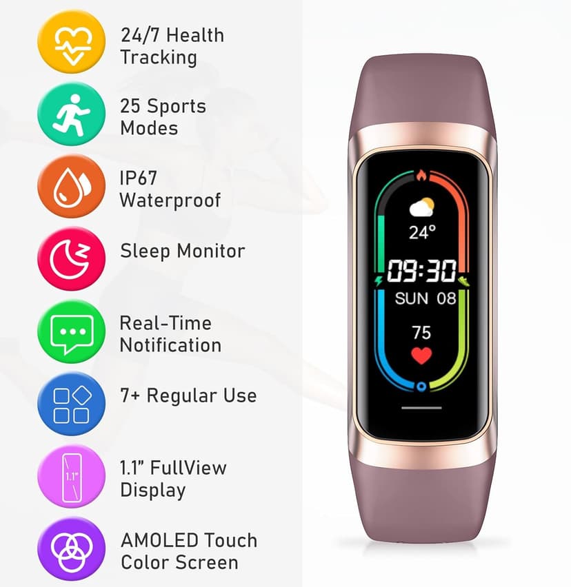 Fitness Tracker with 24/7Heart Rate, Blood Pressure, Sleep Tracking, Calorie, Activity Tracker with 1.1" AMOLED Color Screen, Waterproof Step Tracker for Android iPhones Women Men