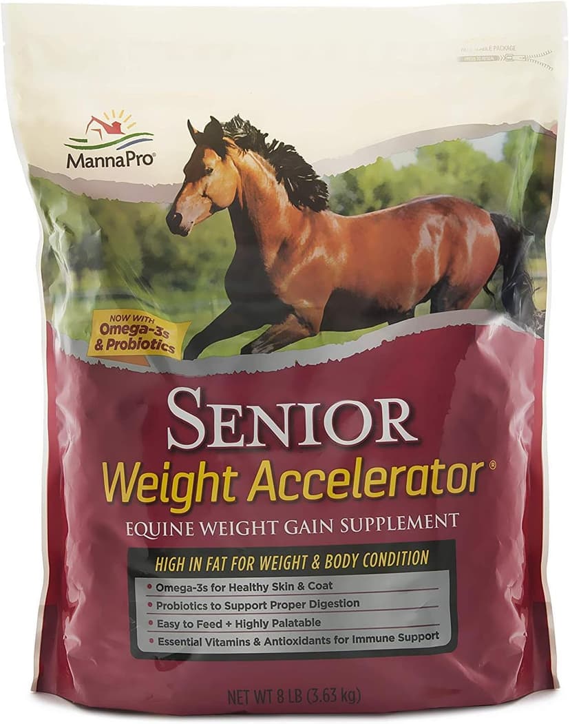 Manna Pro Weight Accelerator for Senior Horses – Weight Gain and Muscle Support Supplement with Omega 3 Fatty Acids and Flaxseed – High-Calorie Feed Topper for Horses – 8 lb Bag