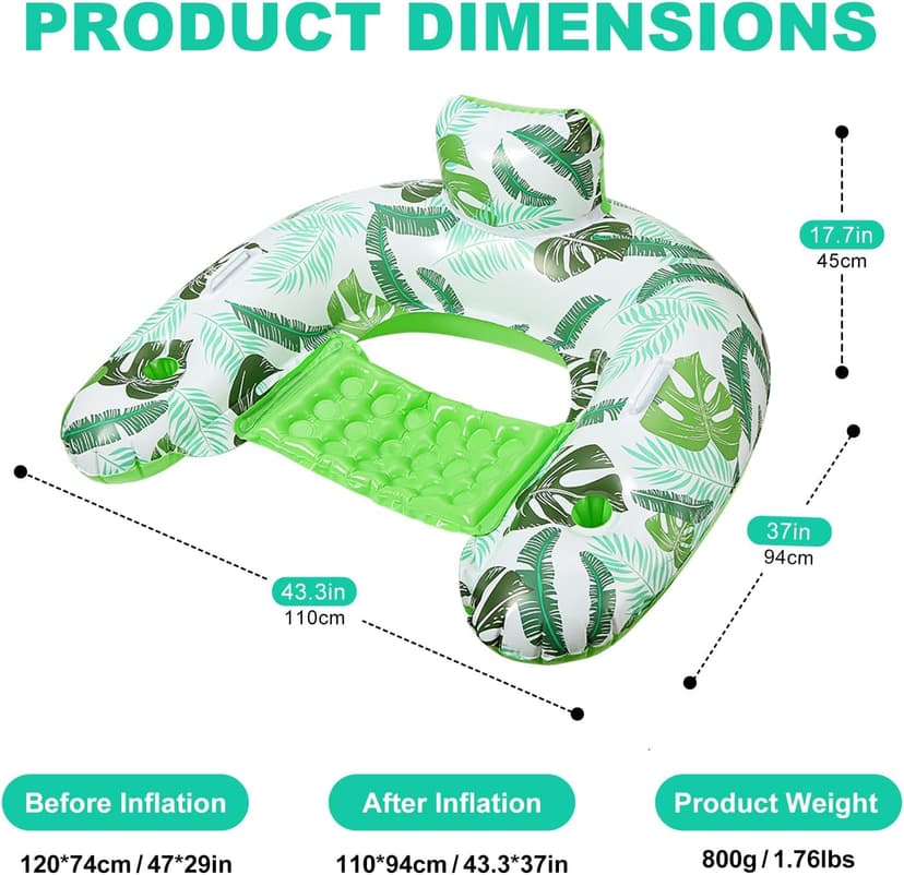 2 Pack Inflatable Pool Float Chair, Floating Pool Chair Adults Pool Lounger Float with Cup Holder & Handles Water Floats for Adults Lake Chair Floats for Swimming Pool River Beach Party
