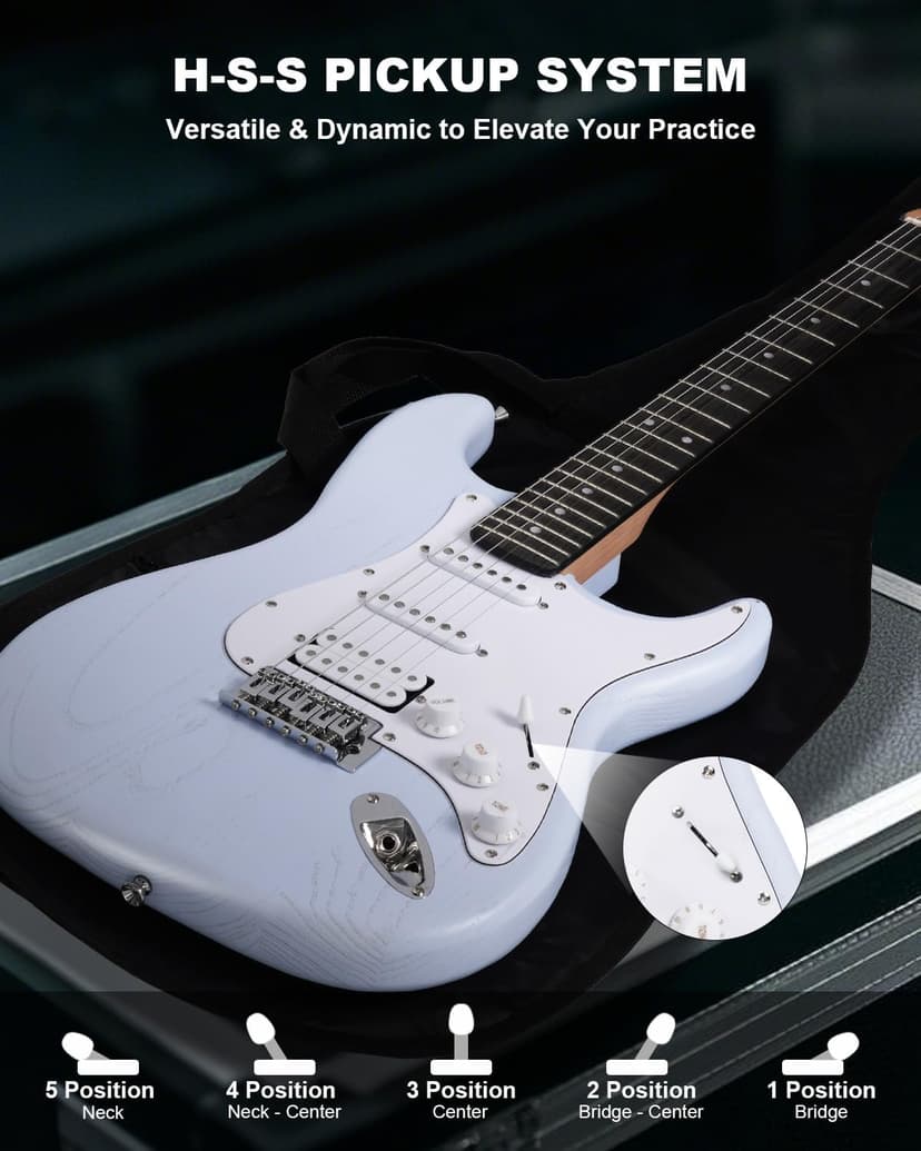 RVONE RST-150 39”Beginner Electric Guitar Kit with Amplifier, Classic HSS Pickup, Electric Guitar with Gig Bag, Capo, Strap, Extra Strings, Digital Tuner, 3 Picks, Cleaning Cloths (1-Blue)