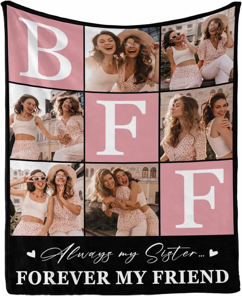 BFF Personalized Blanket with Photo and Pictures - Customized Gift for Best Friendship - Women Friends Personalized Gift, 8 Sizes B0CXXTGWKL