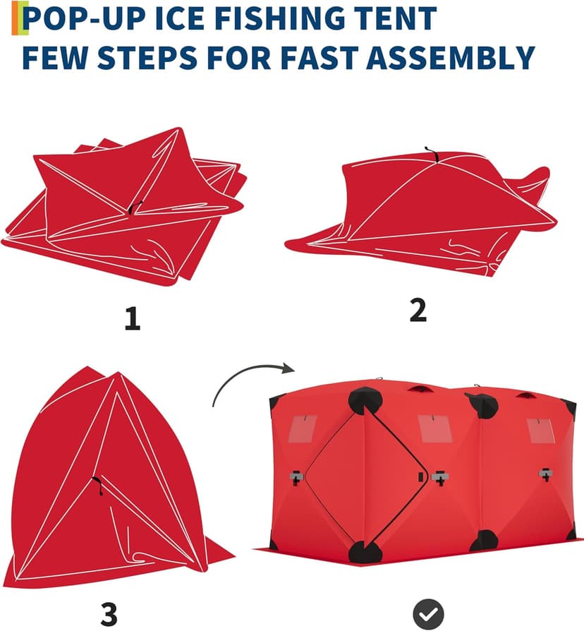 GarveeLife Ice Fishing Insulated Tent, Large Pop-Up Portable Hub-Style Ice Fishing Shelter, 6-7 Person Shelter 68 Square Feet of Fishable Area