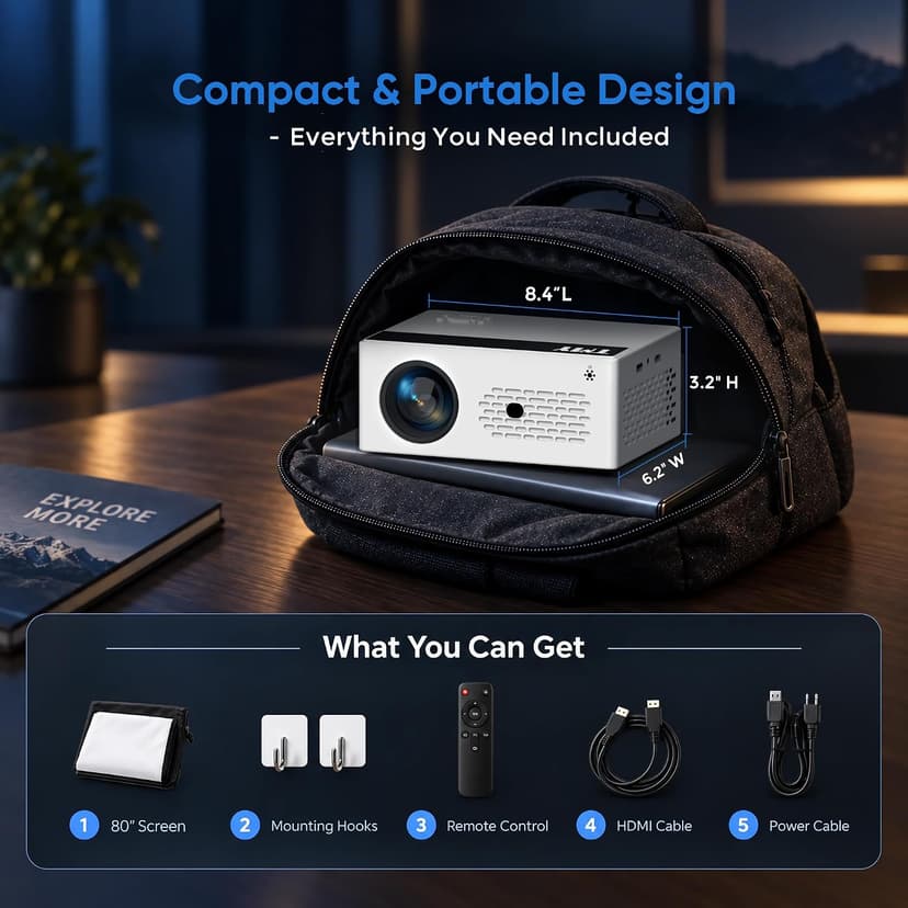 TMY Mini Projector, Upgraded Bluetooth Projector with Screen, 1080P Full HD Portable Projector, Movie Projector Compatible with TV Stick Smartphone/HDMI/USB, indoor & outdoor use