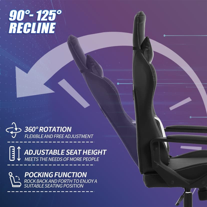 Gaming Chair Office Chair High-Back Ergonomic Video Game Chairs for Kids Teen Adult Height Adjustable Reclining Computer Chair with Lumbar Support Armrest Headrest Game Chair - White