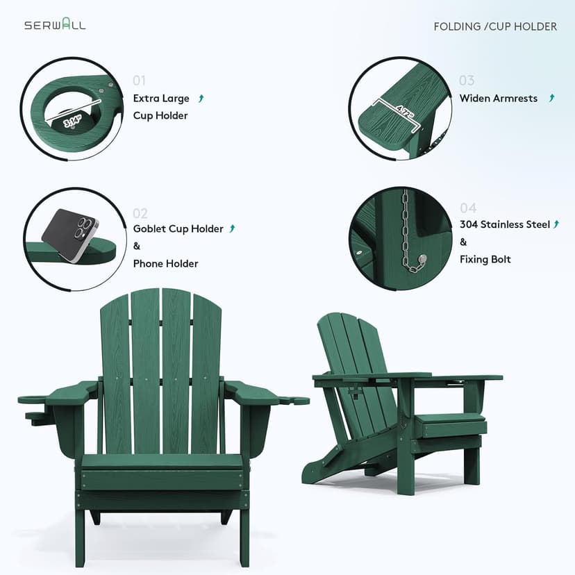 SERWALL Adirondack Chair with Cup Holders - Composite Adirondack Chairs Set of 4 HDPE Outdoor Chairs All Weather Use- Green
