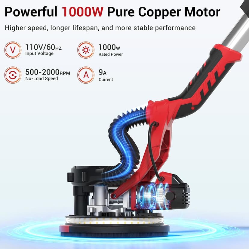 Drywall Sander, Popcorn Ceiling Removal Tool, 1000W Drywall Sander with Vacuum Dust Collector, 6 Variable Speed 500-2000rpm, 18pcs Sanding Discs, Led Light, Foldable & Extendable Handle