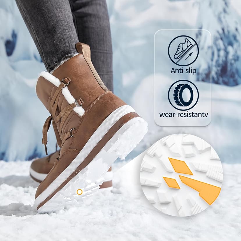 Rominz Women's Winter Snow Boots - Waterproof Black Fur Lined Warm Mid Calf Non-Slip Ankle Boots - White Lace-Up Platform