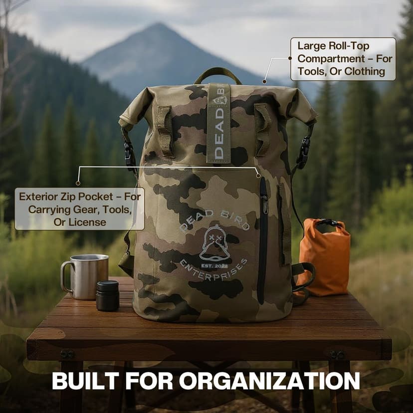 Dead Bird Enterprises Roll Top Waterproof Backpack, 25L Camouflage Pattern Dry Bag with MOLLE Loops and Adjustable Straps, WaterTight Duck Hunting Backpack for Camping, Hiking and Outdoor Travel