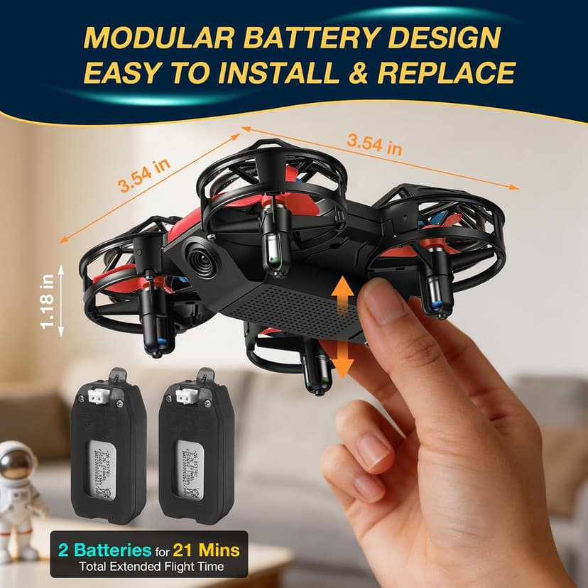 Red Mini Drone for Kids, Indoor & Outdoor RC Quadcopter, Full Propeller Guards, LED Light, 3D Flips, One Key Start, Headless Mode, 2 Rechargeable Batteries, 21 Mins Total Flight Time, Toy Gift for Boys and Girls