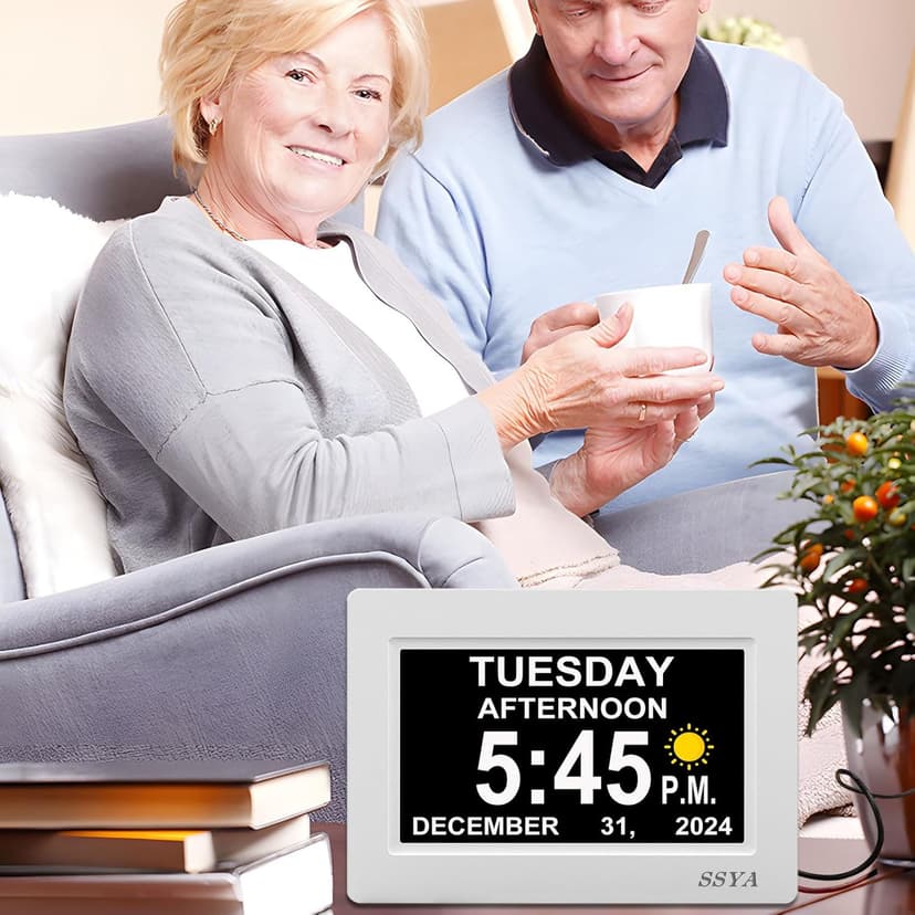 SSYA Digital Calendar Alarm Clock - Dementia Clocks for Seniors, Non-Abbreviated Memory Loss Clock with Date and Time for Elderly (White)