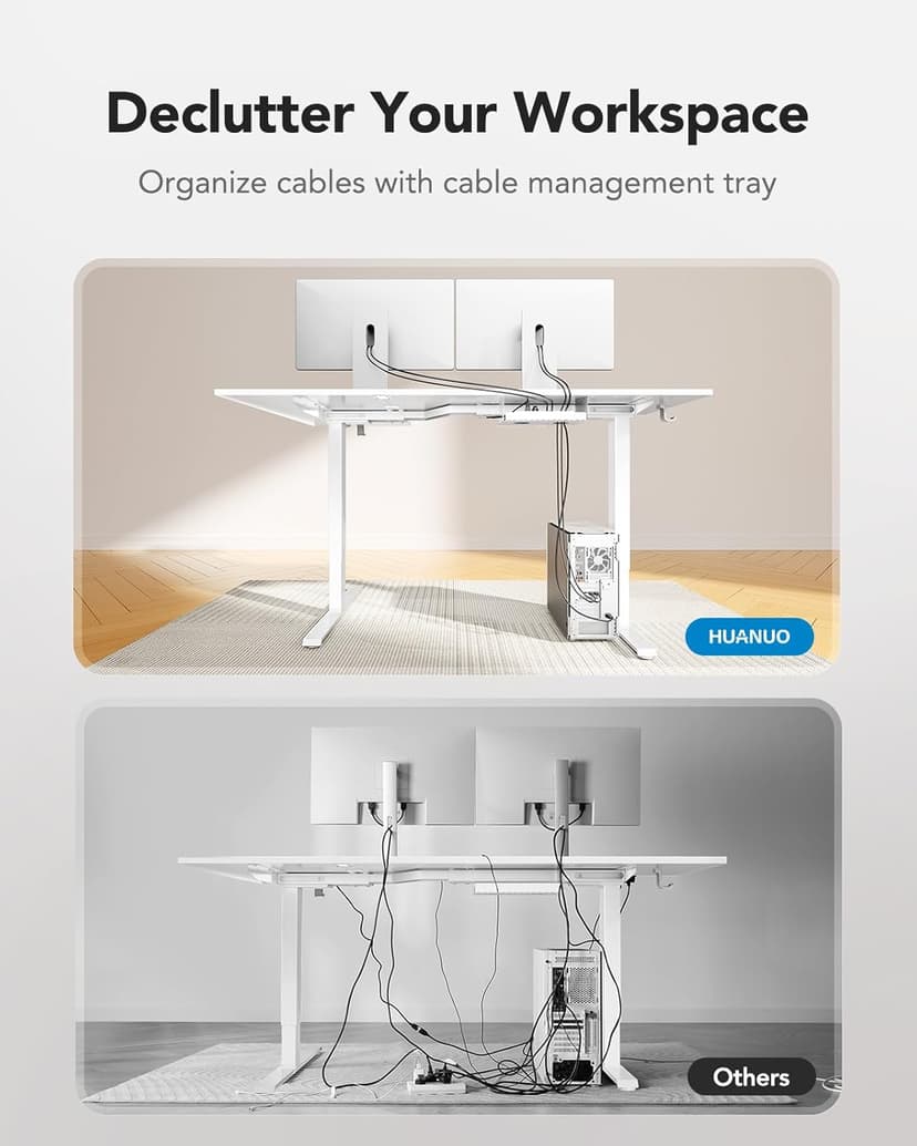 HUANUO L-Shaped Standing Desk, 63 x 40 inch Dual Motor Corner Standing Desk, Electric Height Adjustable Computer Desk with Cable Tray & 3 Preset Heights, Raising Desk for Home Office, White, HNESD109