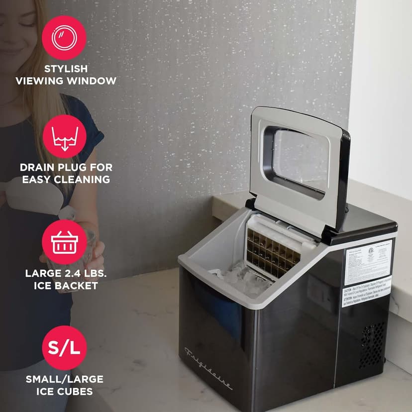 Frigidaire Ice Maker EFIC452, Countertop Stainless Steel Ice Maker with Transparent Window, Clear Ice Cube Maker with 40 lbs. Capacity, Ice Maker Machine – 14.8" D x 11" W x 14.1" H (Black)