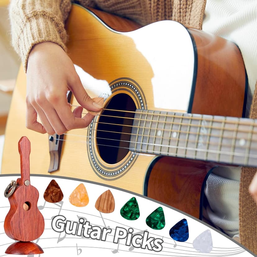 CustomGuitarPlectrumwithBox HomeWoodenDecorativeOrnamentGuitarMusicGiftCarMiniPendantGuitarAccessories Musician'sGuitarPlectrumGiftChristmasUniqueGift (Wood color (flower pear tree))