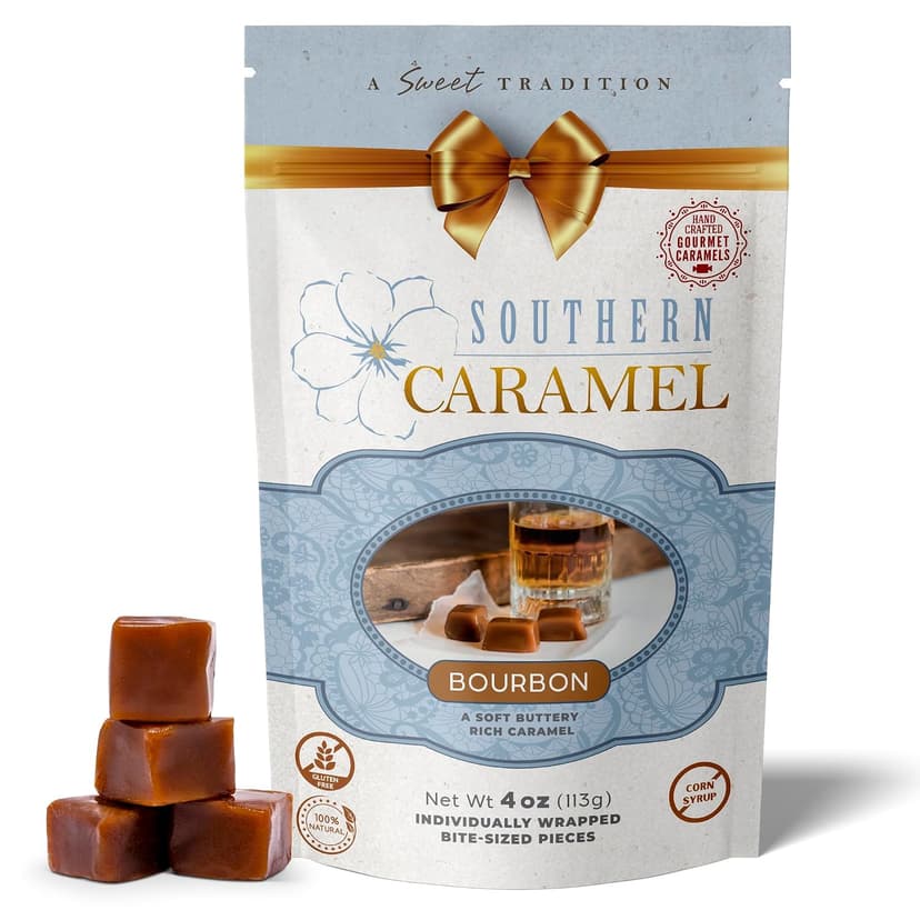 Soft Buttery Gourmet Caramel Candy Infused with Smooth, Top-Shelf Bourbon, Gluten Free, No Corn Syrup, Gift Ready Pieces Southern Caramel Bourbon Caramels, Handcrafted, 4 oz (Pack of 1) B0F3JVKW34