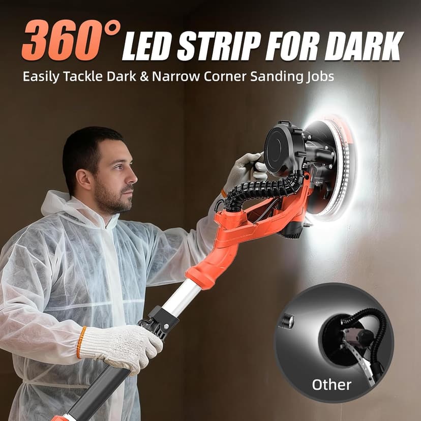 1000W Drywall Sander, Electric Drywall Sander, Popcorn Ceiling Removal Tool with Vacuum Dust Collection, 6 Variable Speed, Foldable Telescopic Handle