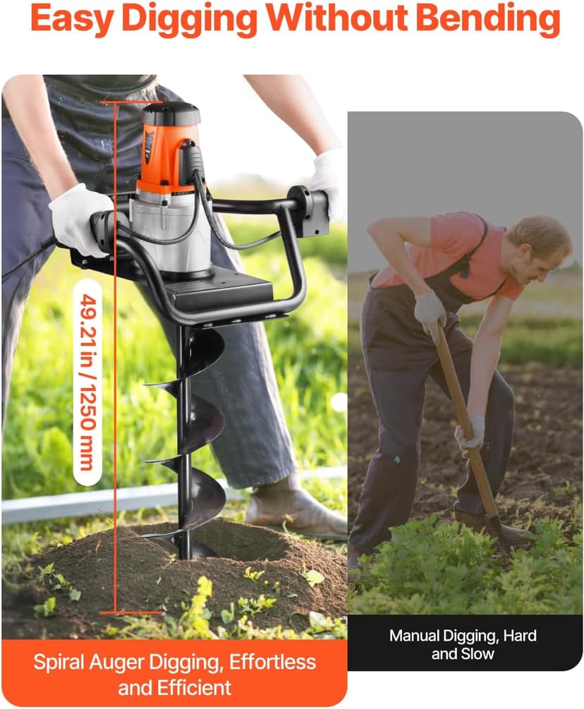 VEVOR Electric Post Hole Digger, 5.71 in Auger Bit with 1500W Powerful Motor, 140 RPM Alloy Steel Earth Auger Drill Bit with 10.24 in Extension Rod, for Post Hole Digging, Drilling & Tree Planting