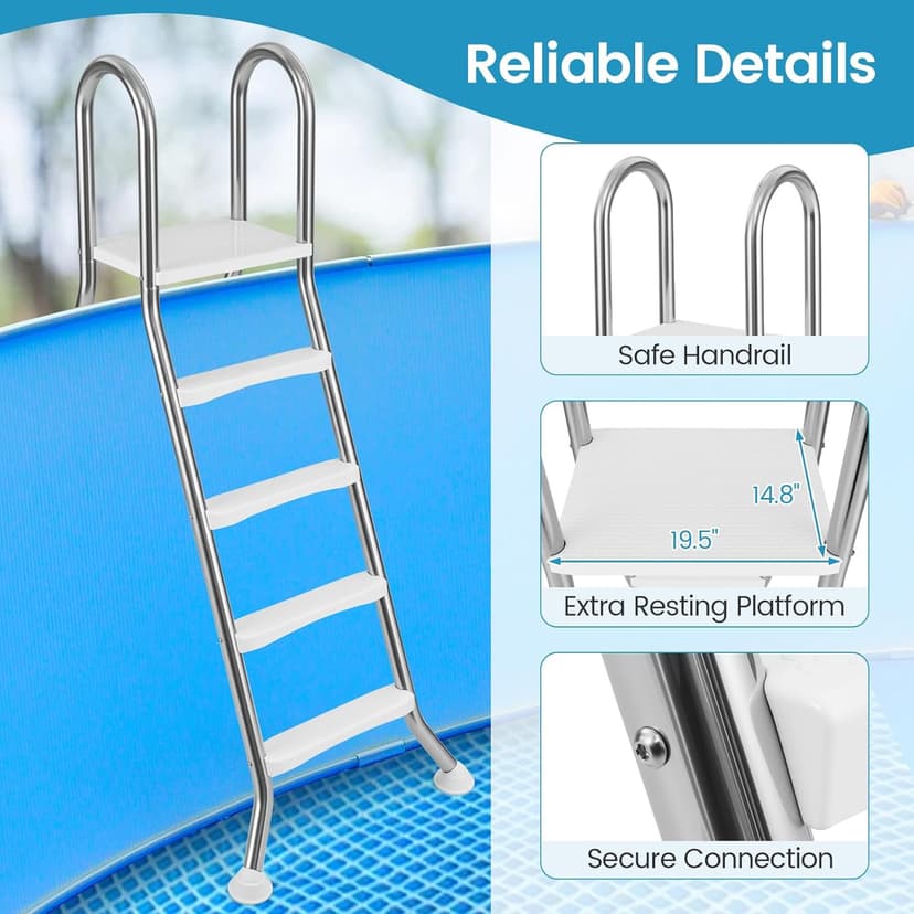 Goplus 4-Step Steel Frame Above Ground Swimming Pool Ladder for 55" Pool Wall Heights, Double-Sided Entry & Exit Ladder w/Non-Slip Steps, Top Platform, Rotating Foot Pads