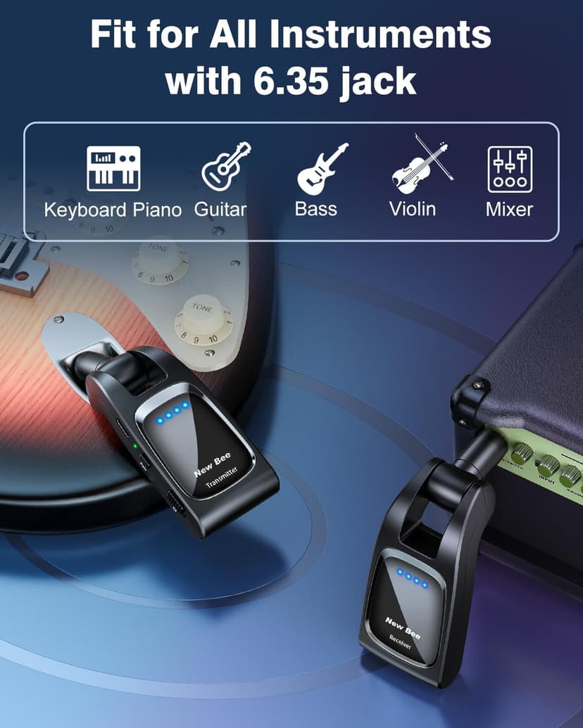 Wireless Guitar System 2.4 GHz with 6 Channels Rechargeable Audio Wireless Guitar Transmitter Receiver for Bass Electric Instruments