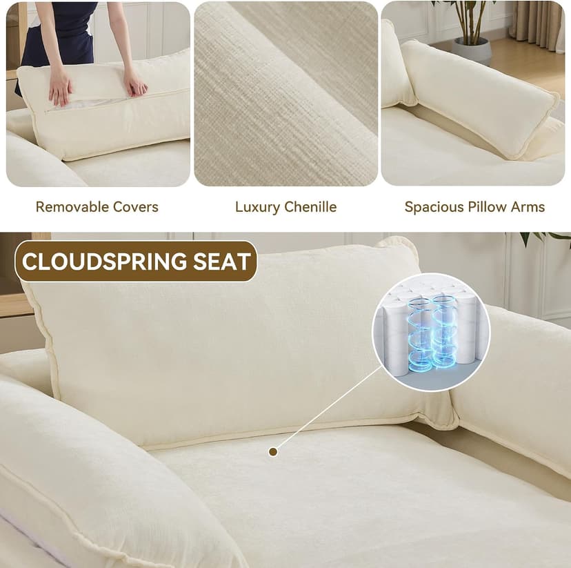 WUTUTUEE 69" Oversized Chaise Lounge Chair Indoor, No Assembly Beige Lounge Couch, Chenille Upholstered Sofa Bed with Pockets, Oversized Reading Chair with Ottoman for Living Room, Bedroom, Office