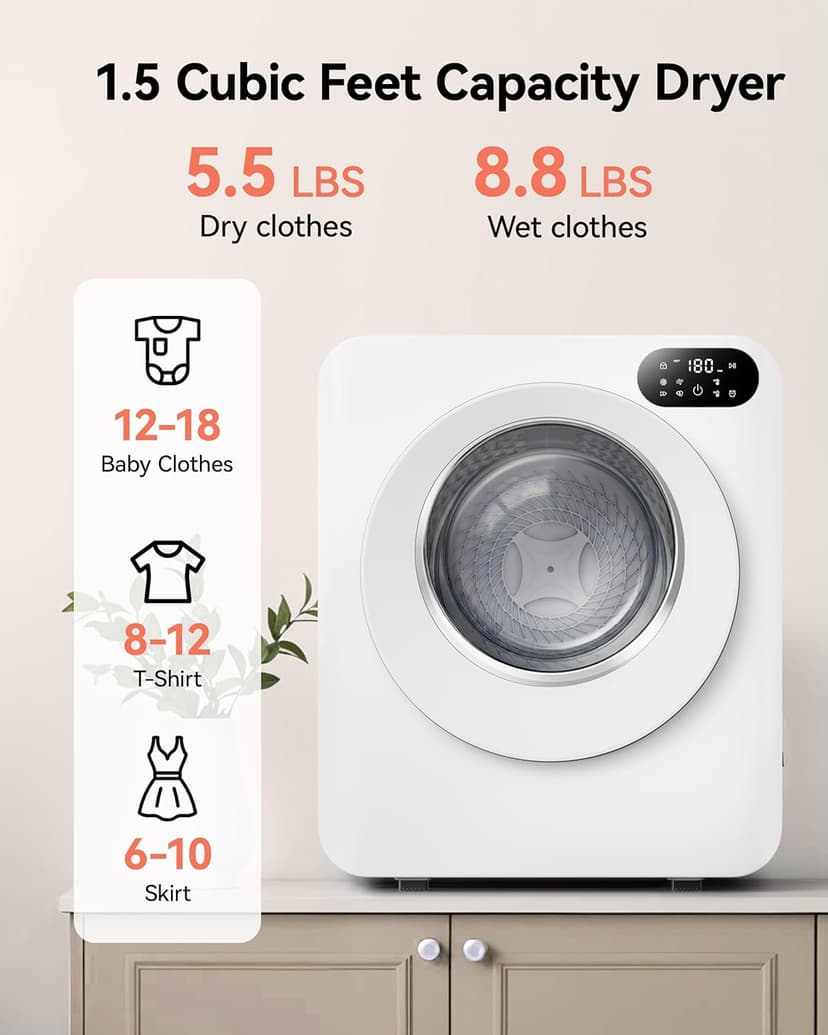 Euhomy 1.5 Cu.Ft Portable Clothes Dryer, 850W Clothes Dryer with Stainless Steel Drum, 4 Functions, LED Control, Drying Machine for Apartments, Laundry, Dorm, Small Space, White