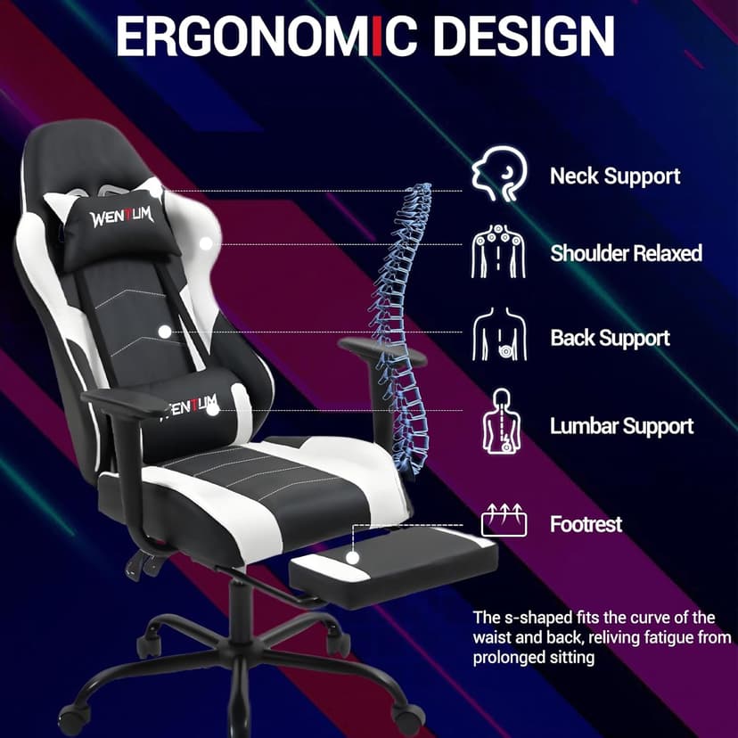 Gaming Chair with Footrest, Ergonomic PC Desk Chair with Headrest and Massage Lumbar Support, Video Game Chair with Height Adjustable High Back for Home Office, PU Leather, White