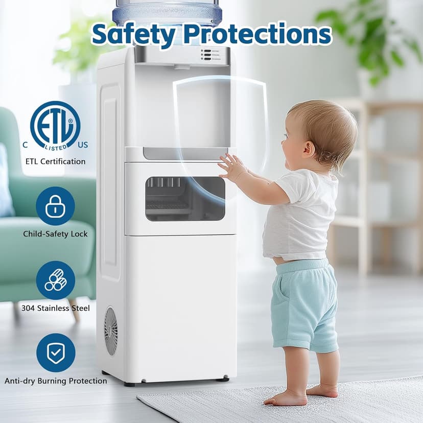 4 in 1 Water Cooler Dispenser with Ice Maker, Hot & Cold Water Dispenser for Home & Office, 33lbs/24H Bullet Ice, Top Loading 3-5 Gallon, Child Safety Lock, Ice Ready in 7 Mins (White)