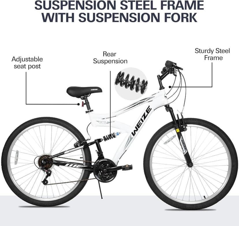 WEIZE Mountain Bike, 26/27.5 inch Outdoor Cycling Bike,18-Speed/High-Carbon Steel/Dual Full Suspension, Adjustable Ergonomic Seat for Men Women Adult, MTB Bicycle with Suspension Fork,Sleek Colors