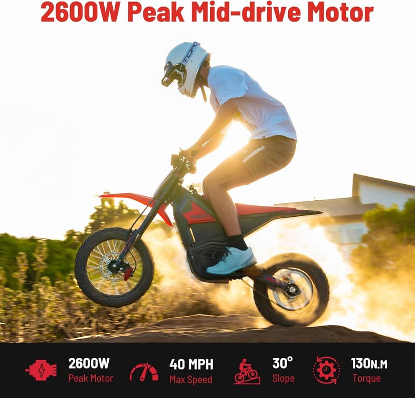 Yozma IN10 Electric Mini Dirt Bike for Teens & Adults, 14"/12" Fat Tire 2600W Electric-Motorcycle with 48V 23AH Battery Ebike 40MPH Hydraulic Brakes Mountain Off-Road EBike, Fit Age 13+