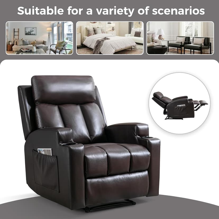 CANMOV Manual Recliner Chair with Massage and Heat,Breathable Leather Recliner Chair with Armrest and Backrest, Manual Reclining Single Sofa with 2 Cup Holders, Side Pocket for Living Room,Dark Brown