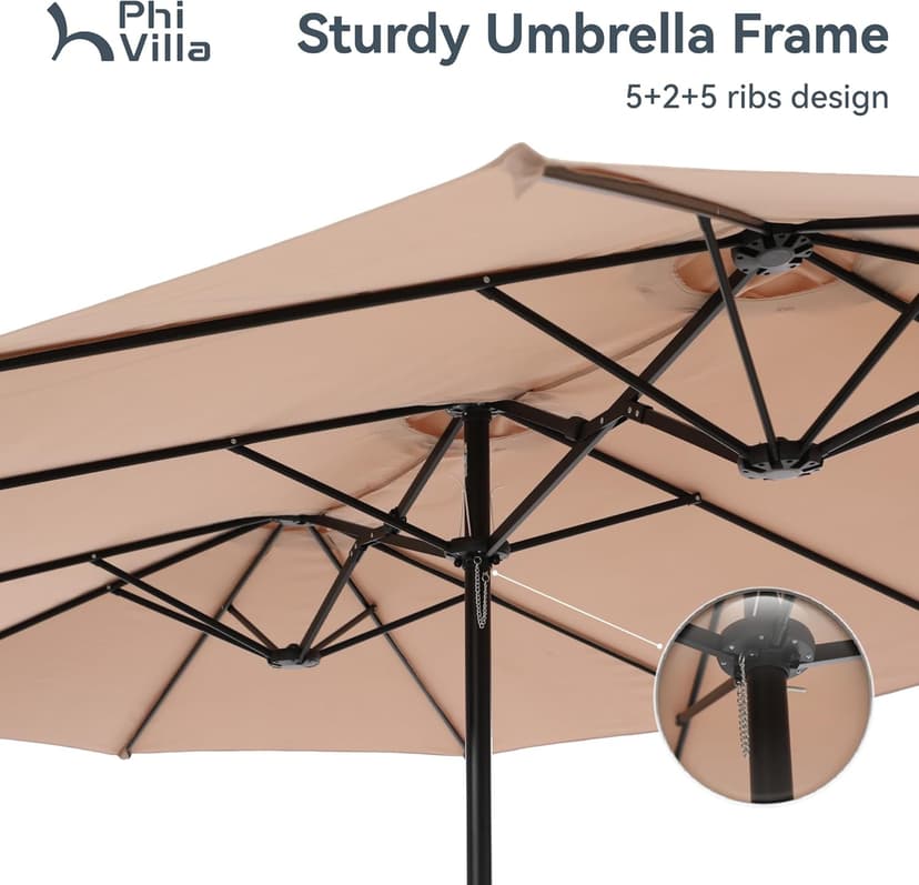 PHI VILLA 15ft Large Patio Umbrellas with Base Included, Outdoor Double-Sided Rectangle Big Market Umbrella with Stand, Outside Umbrellas for Poolside Lawn Backyard, Beige