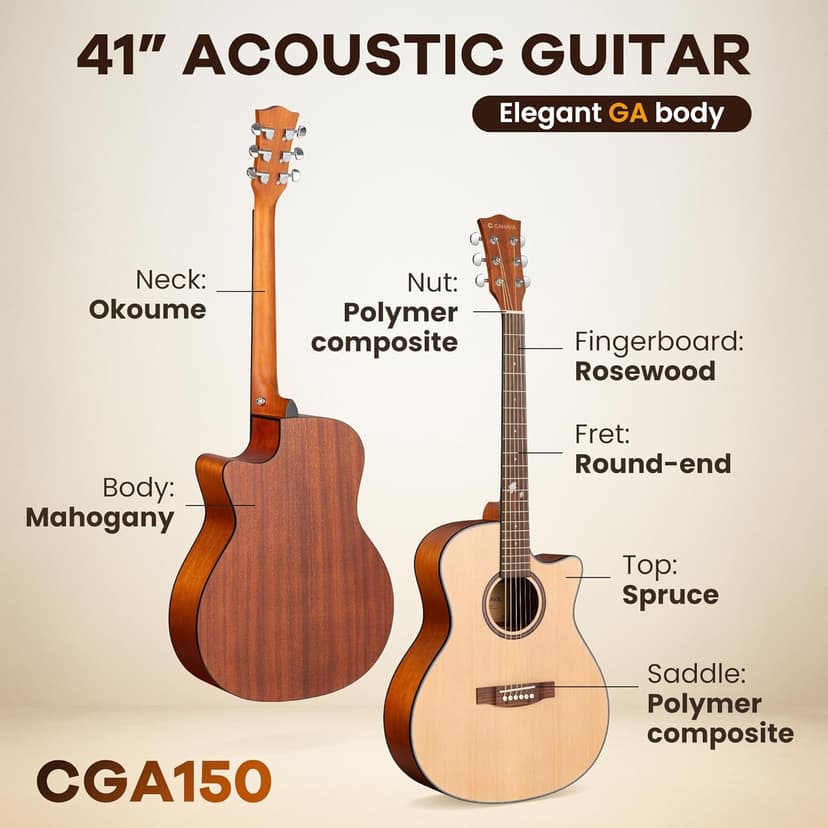 CAHAYA Acoustic Guitar Beginner Set - 41" Full Size Spruce Top Mahogany Body with Okoume Neck Rosewood Fingerboard, GA Cutaway Design, Balanced Rich Tone with Gig Bag, Strap, Capo, Strings & Picks