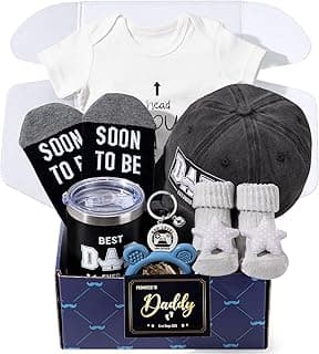 New Dad Gifts Box, 9 Pcs First Time Dad Gifts, Dad to Be Gifts for 1st Time with Tumbler Hat Onesie Socks Keychain for Baby Shower，Unique Kit for Soon to Be or Expecting Father