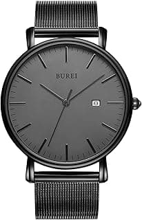 BUREI Men Watches Brown Leather Fashion Minimalist Wrist Watch Simple Ultra Thin Waterproof Quartz Watches All Black Stainless Steel Mesh Band,Gift for Men Women