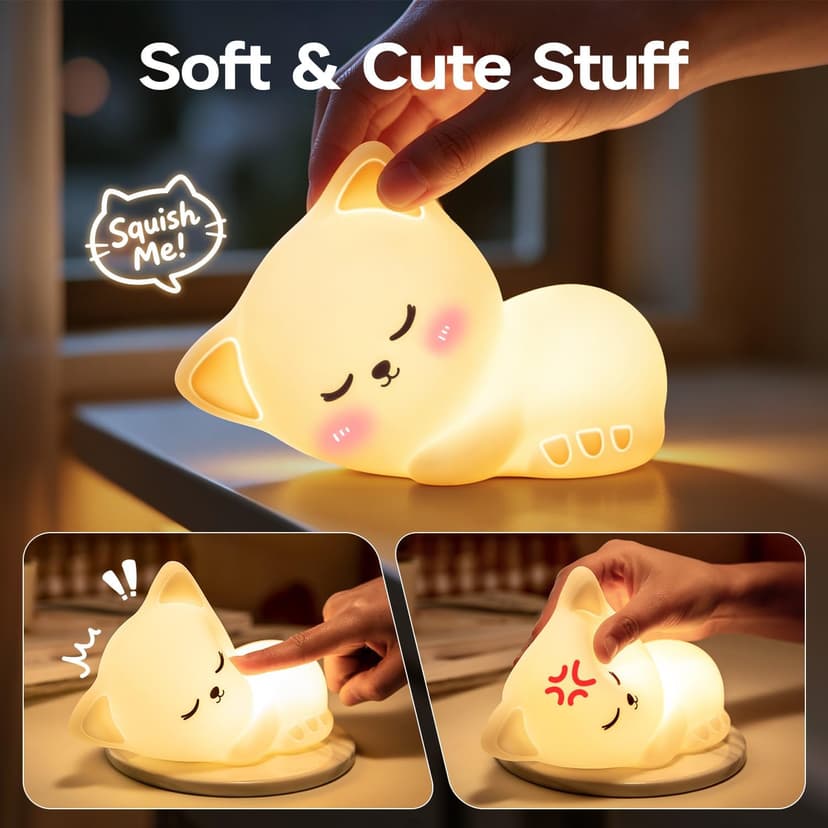 5-Level Dimmable Tap Night Light with Rechargeable Battery. Cute Stuff,Cat Room Decor & Gifts for Women,Adults, Teens & Kids. Mubarek Sleepy Cute Cat Gifts - 16-Color Silicone Night Light with Remote B0D8QGT88D