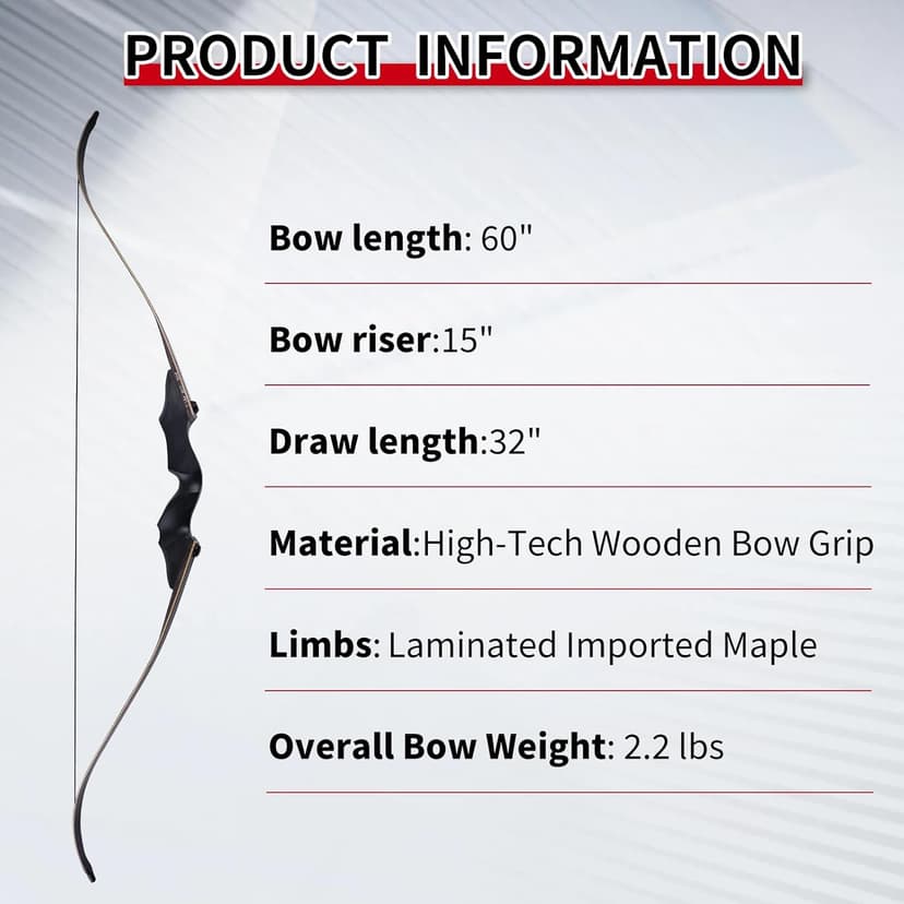 Black Hunter Recurve Bow 60" Right-Handed Bow Ergonomically Designed for Comfortable Grip Suitable for Beginners and Longbow Enthusiasts to Train Or Hunt