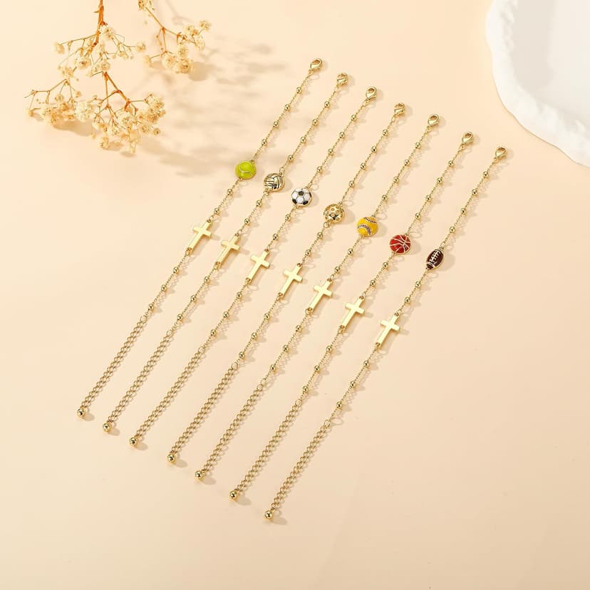 Softball/Volleyball/Soccer/Basketball Football Bracelet for Girls Women, 14K Gold Plated Cross Link Chain Sport Accessories Christian Jewelry Gifts for Teens Team Coach Players B0FSKVMR16