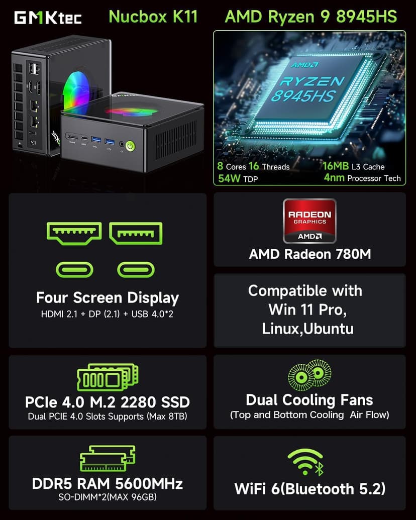 GMKtec Gaming Mini PC AMD Ryzen 9 8945HS (Turbo 5.1GHz) 32GB DDR5 2TB SSD, Computers PC Oculink, Dual NIC LAN 2.5G, WiFi 6, USB3.2, USB-C 4.0, BT5.2, DP, HDMI, Dual Fan Nucbox K11