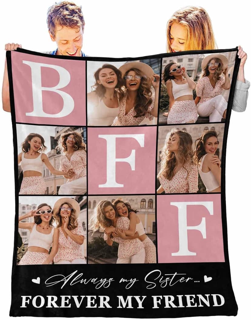 BFF Personalized Blanket with Photo and Pictures - Customized Gift for Best Friendship - Women Friends Personalized Gift, 8 Sizes B0CXXTGWKL