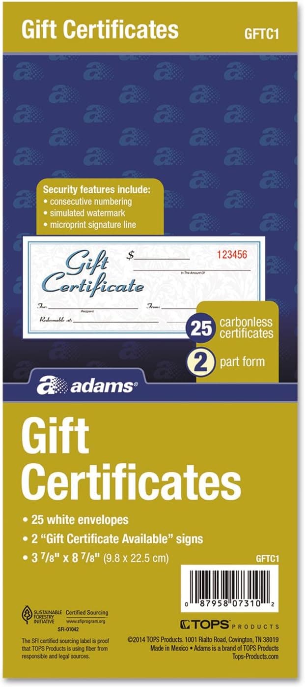 Adams Gift Certificate Book, Carbonless, Single Paper, 3.4 x 8 Inches, White/Canary, 2-Part, 25 Numbered Certificates Plus Store Sign (GFTC1)