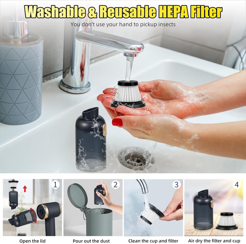 ZLieatmp Bug Vacuum Catcher,12000Pa Handheld Car Vacuum Cleaner,Suction/Blow/Charge/Extract/4-In-1 Portable Cordless Vacuum Cleaner,30-Minute Run Time Suitable for Home,Indoor and Outdoor Cleaning