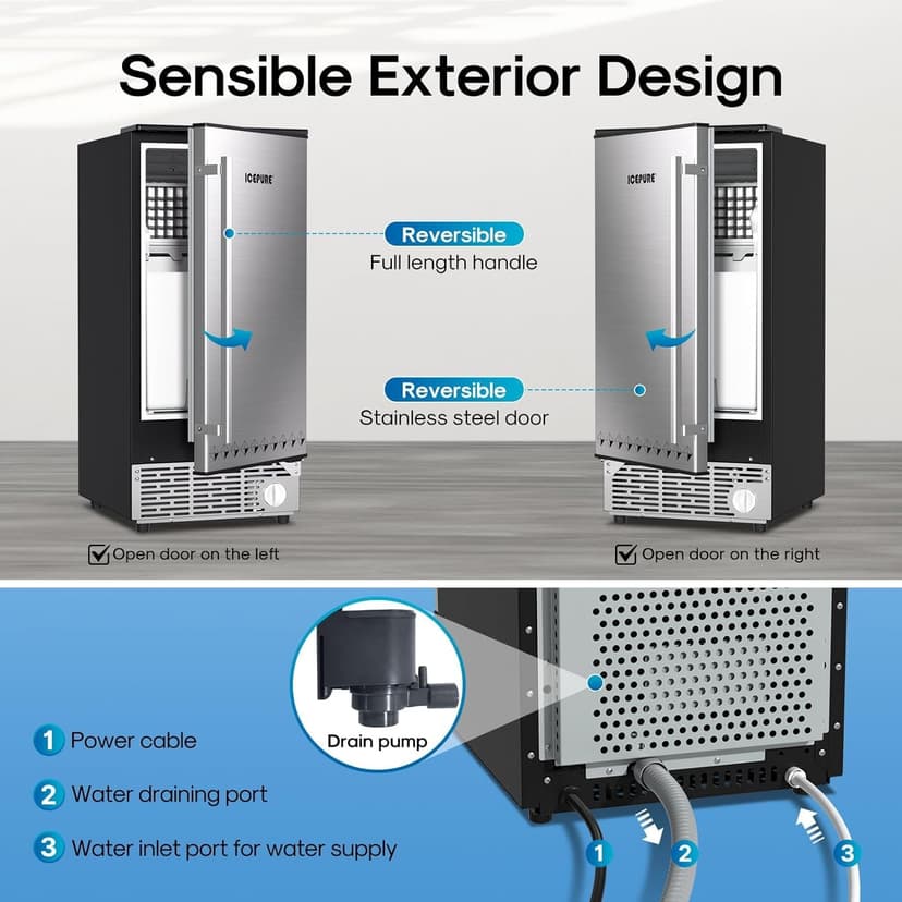 ICEPURE 15“ Under Counter Ice Maker, Built-in/Commercial Ice Machine with Drain Pump, 90 Lbs/24H, Auto-Cleaning, 24H Timer, 26Lbs Storage, Stainless Steel, Perfect for Commercial & Home