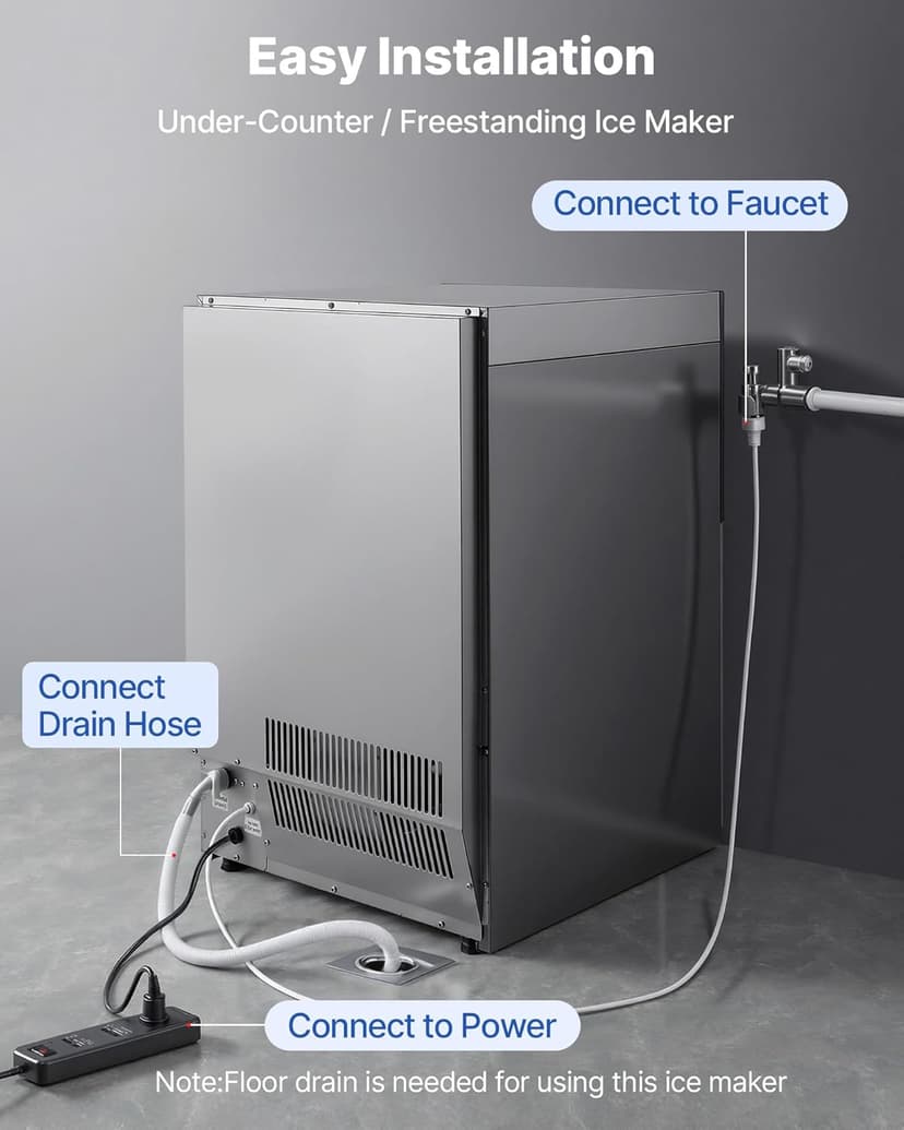 VEVOR Commercial Ice Maker Machine, 200 lbs/24h with 50 lbs Storage Capacity, Built-in/Freestanding/Under Counter, Stainless Steel Ice Maker with LED Display & Self-Cleaning, for Home Bar Restaurant