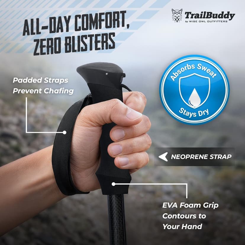 TrailBuddy 3K Carbon Fiber Hiking Poles - Collapsible Lightweight Trekking Poles for Hiking - Adjustable Walking Sticks for Women, Men, Seniors with All-Terrain Tips, Baskets & EVA Grips